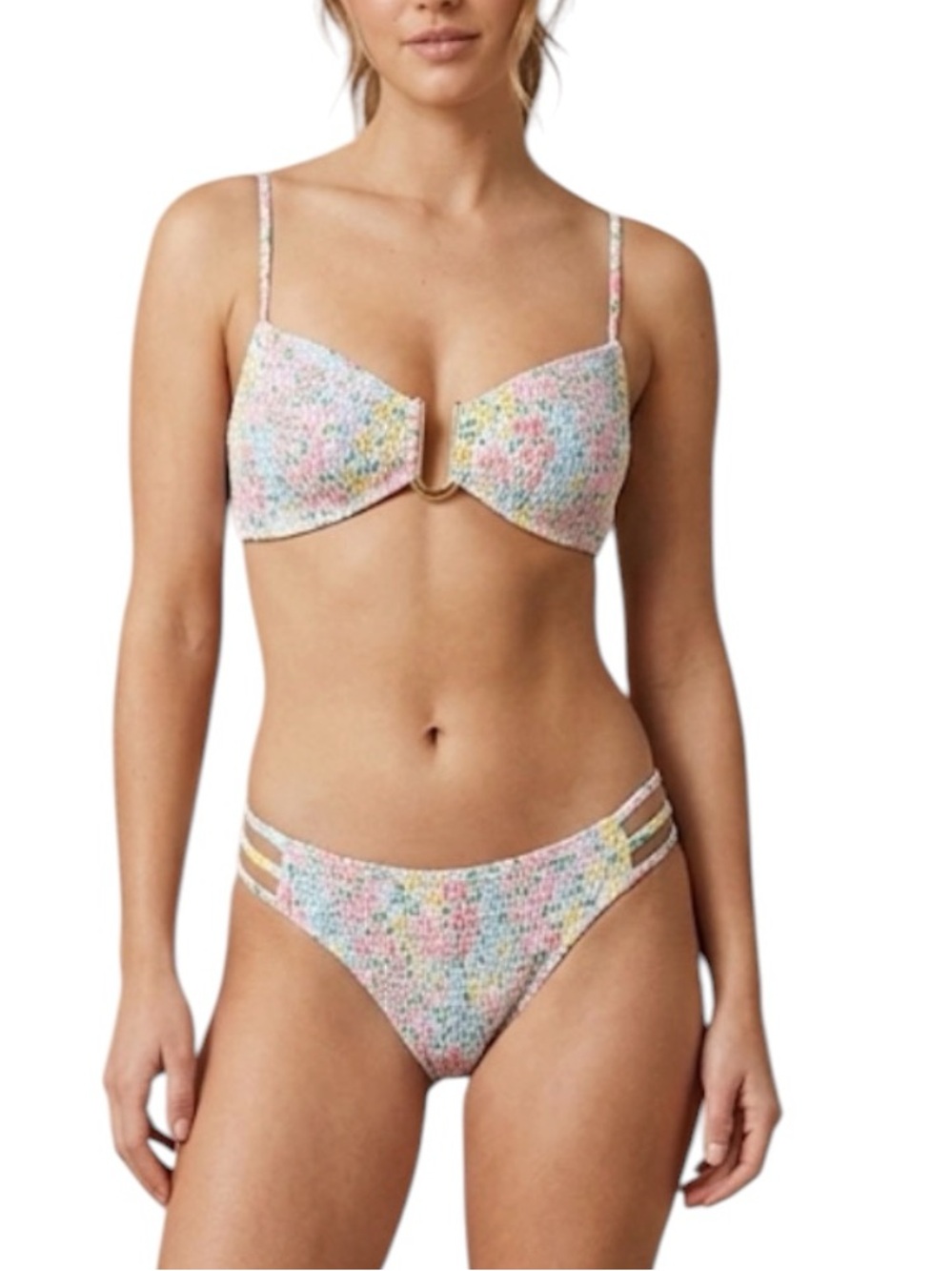 Colorful Floral Smocked Bikini High Cut Bandeau Top Swim Beach Co…